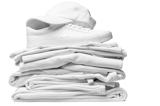 Stack of white clothes, trainers and baseball cap on white background