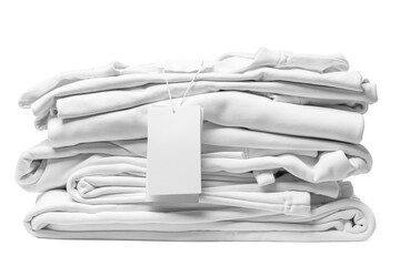 Stack of white clothes with a blank garment tag on white background