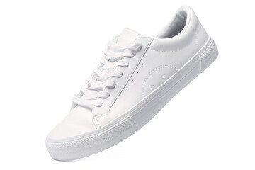 Trainers - white leather shoe on white background - obrazy, fototapety, plakaty