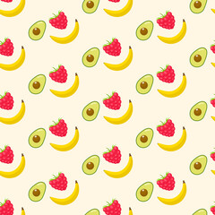 seamless pattern with avokado, banana and rasberry