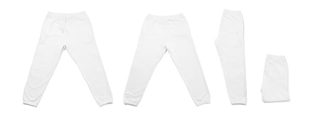 Collage of differently folded white sweatpants on white background