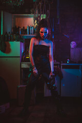 Cyberpunk cosplay. Girl in a futuristic costume cosplay steampunk style