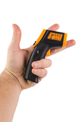 A man holds a yellow-black pyrometer. A device for non-contact temperature measurement. Studio photo of the subject isolated on white background.