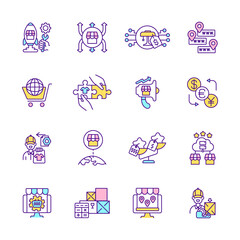 E commerce RGB color icons set. Online buyer experience. Isolated vector illustrations. Target overseas territories. Purchasing and selling goods on marketplace simple filled line drawings collection