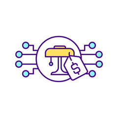 Obraz premium Product content localization RGB color icon. Targeting overseas territories. Isolated vector illustration. Goods adaptation and modification to international markets simple filled line drawing