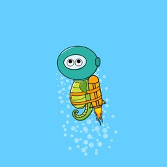 vector sea horse wearing a diving helmet, minimalist, cool, funny, different, good for poster design, etc.