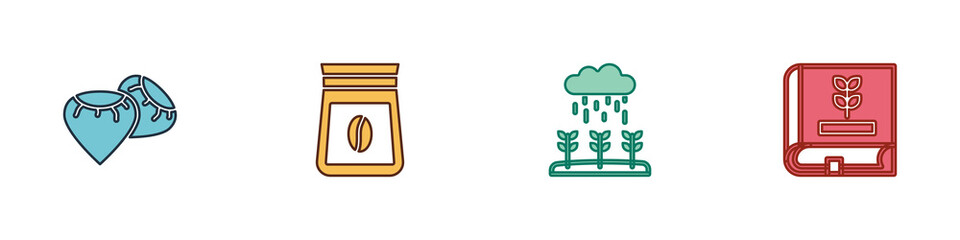 Set Seed, Bag of coffee beans, Plant sprouts grow in the rain and Book about seeds icon. Vector