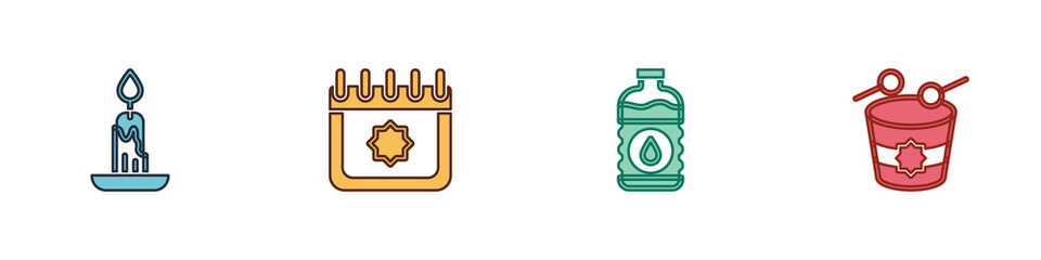Set Burning candle, Ramadan calendar, Bottle of water and drum icon. Vector