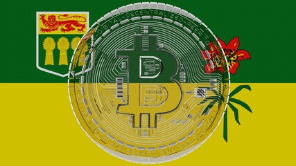 Large transparent Glass Bitcoin in center and on top of the Flag of Saskatchewan
