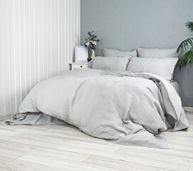 Sleeping place in the room. Pillows and duvets on the bed with 100% linen bedding. Good home textiles and quality tailoring. Background for advertising sewing production of pillowcases, duvet covers