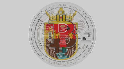 Large transparent Glass Bitcoin in center and on top of the Flag of Chiapas