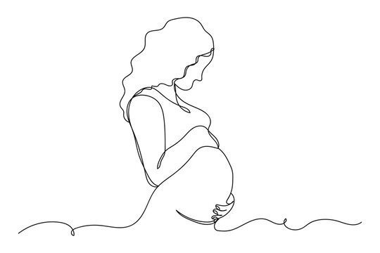 Continuous one line of pregnant woman in silhouette on a white background. Linear stylized.Minimalist.