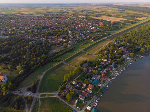 The city coast of the of Becej on the river Tisa. Aerial photography. The concept of tourism. 