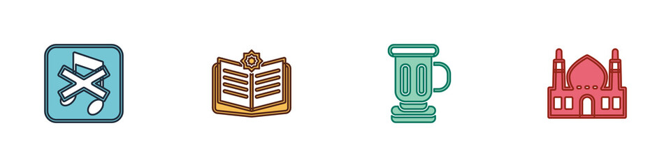 Set Speaker mute, Holy book of Koran, Medieval goblet and Muslim Mosque icon. Vector