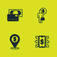 Set Credit card, Smartphone with dollar, Cash location and Business man planning mind icon. Vector