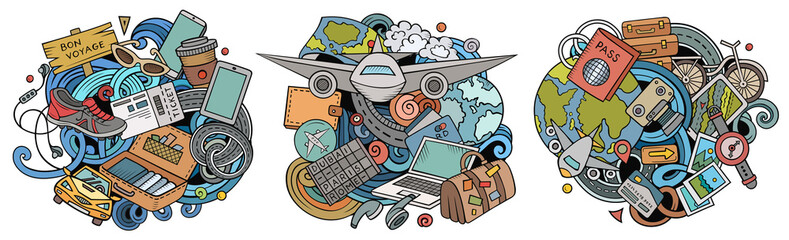 Traveling cartoon vector doodle designs set.