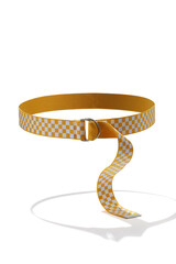 Subject shot of yellow and white checked canvas belt with steel D-rings buckle. Stylish belt is isolated on the white background.
