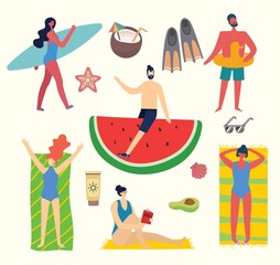 Set of different vector summer people and icons