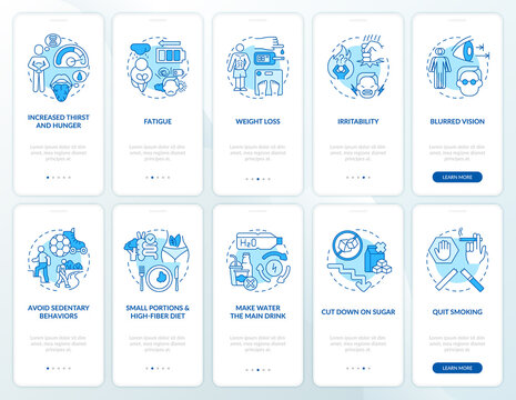 Diabetes onboarding mobile app page screen set. Disease symptoms walkthrough 5 steps graphic instructions with concepts. UI, UX, GUI vector template with linear color illustrations