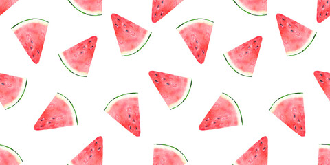Watercolor watermelon seamless pattern for fabric. Watercolor summer fruits repeat background. Juicy watermelon pink red pattern