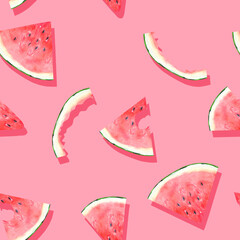 Watercolor watermelon seamless pattern for fabric. Watercolor summer fruits repeat background. Juicy watermelon pink red pattern