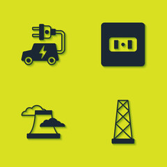 Set Electric car, Antenna, Nuclear power plant and Electrical outlet icon. Vector