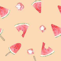 Watercolor watermelon seamless pattern for fabric. Watercolor summer fruits repeat background. Juicy watermelon pink red pattern
