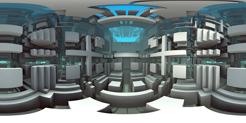360 degree strange alien futuristic cyberpunk complex, equirectangular projection, environment map. HDRI spherical panorama