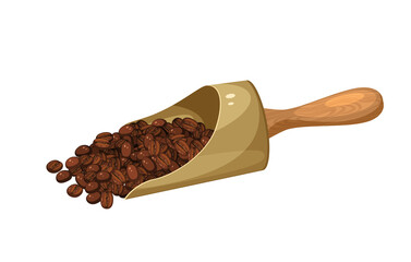Roasted coffee beans in wooden scoop. Vector illustration cartoon flat icon isolated on white background.