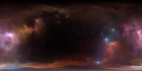 360 Grad interstellare Wolke aus Staub und Gas. Weltraumhintergrund mit Nebel und Sternen. Glühender Nebel, gleichwinklige Projektion, Umgebungskarte. Sphärisches HDRI-Panorama © Peter Jurik