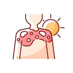 Peeling skin RGB color icon. Sunburn from excessive sun exposure. Ultraviolet rays damage to body. Isolated vector illustration. Heat wave, sun burn during summer simple filled line drawing