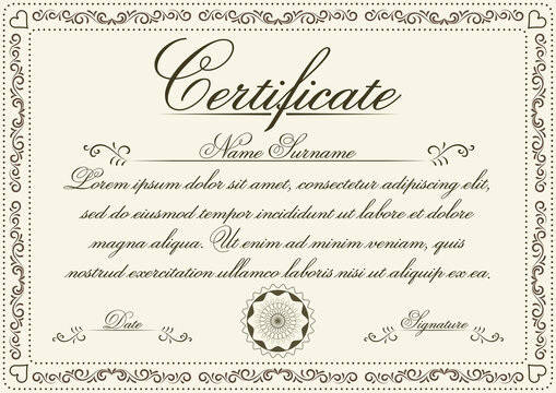 A4 size retro style diploma of appreciation vector design with heart and hand drawn swirl frame. Vintage wedding border frame template illustration for invitations, cards, diploma, certificate.