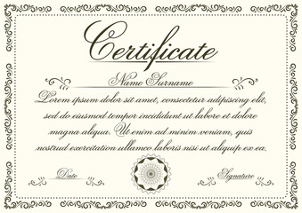 A4 size vintage style certificate vector design with hand drawn flourish swirl frame. Vintage diploma border frame template illustration to use in invitation, card, calligraphy, retro design projects.