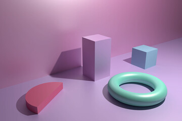 Abstract pink scene with multicolored geometric bodies. Green torus, blue cube, red half of the...