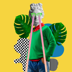 Contemporary art collage. Young man headed of antique statue head.