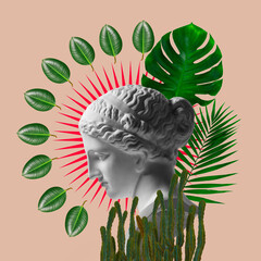 Contemporary art collage with antique statue head in a surreal style isolated on floral background.