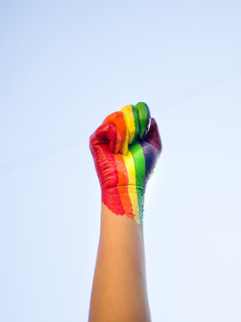 Photo of a raised fist colored with the rainbow color for lgbtq community.