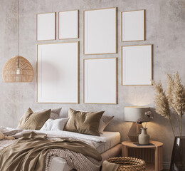 Wooden bedroom design with gallery wall frame mockup in loft apartment interior, 3d render