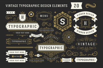 Vintage typographic decorative ornament design elements set vector illustration - obrazy, fototapety, plakaty