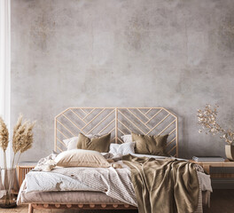 Wooden bedroom design mockup in loft apartment interior, 3d render
