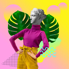 Contemporary art collage. Young woman headed of antique statue head isolated on multicolored neon background.
