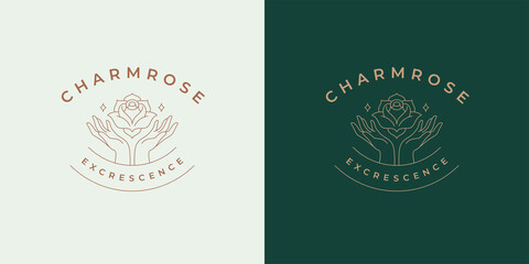 Rose flower with female hands logo emblem design template vector illustration in minimal line art style
