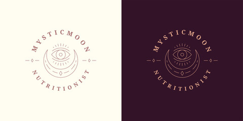 Magic moon crescent with eye logo emblem design template vector illustration in minimal line art style
