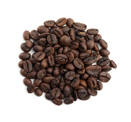 Heap of roasted coffee beans isolated on white, top view