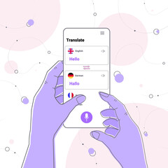 hands using mobile translation application multilingual greeting international communication online dictionary