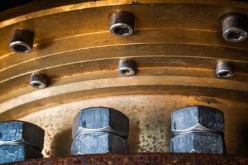 Large bolted connection. Basis for attaching an azimuth thruster on a ship. Bolts and nuts are...