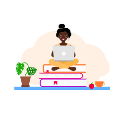 Tiny young woman works on laptop on stack of books flat vector stock illustration. Freelance idea
