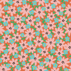 seamless pattern with simple colorful hand drawn flowers on red background. vector texture.  multycolor vintage ornament