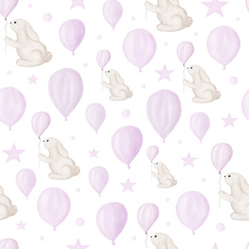 Cute baby bunny with pink balloon pattern on white background