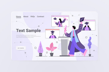 female graduated student giving speech from tribune graduates celebrating academic diploma degree education